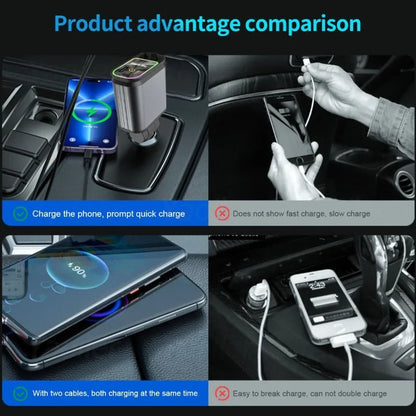 All New,Retractable Car Charger, 4 in 1 Fast Charging Car Charger 120W, with Ambient Light and 2 USB Ports Car Charger Adapter