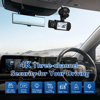 Dash Cam, 3 Channel Dash Cam, 4K+1080P Dash Cam Front and Inside, Triple Dash Cam for Car, Dash Camera with 32GB Card, 2160P Full UHD, G-Sensor, 170°Deg Wide Angle Dashboard with Infrared Night Vision